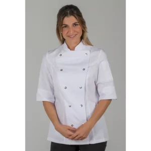 Chaqueta cocinera blanca manga 3/4 Dyneke 8519700: vista frontal con modelo.