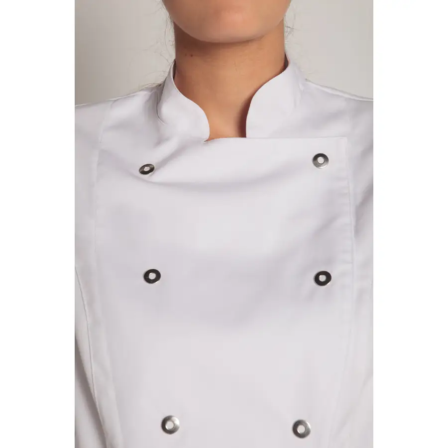 Chaqueta cocinera Dyneke 8519700 blanca 4 Chaqueta cocinera blanca manga 3/4 Dyneke 8519700: detalle del cuello y botones.