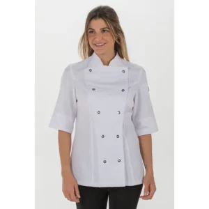 Chaqueta cocinera blanca manga 3/4 Dyneke 8519700: vista frontal con modelo.