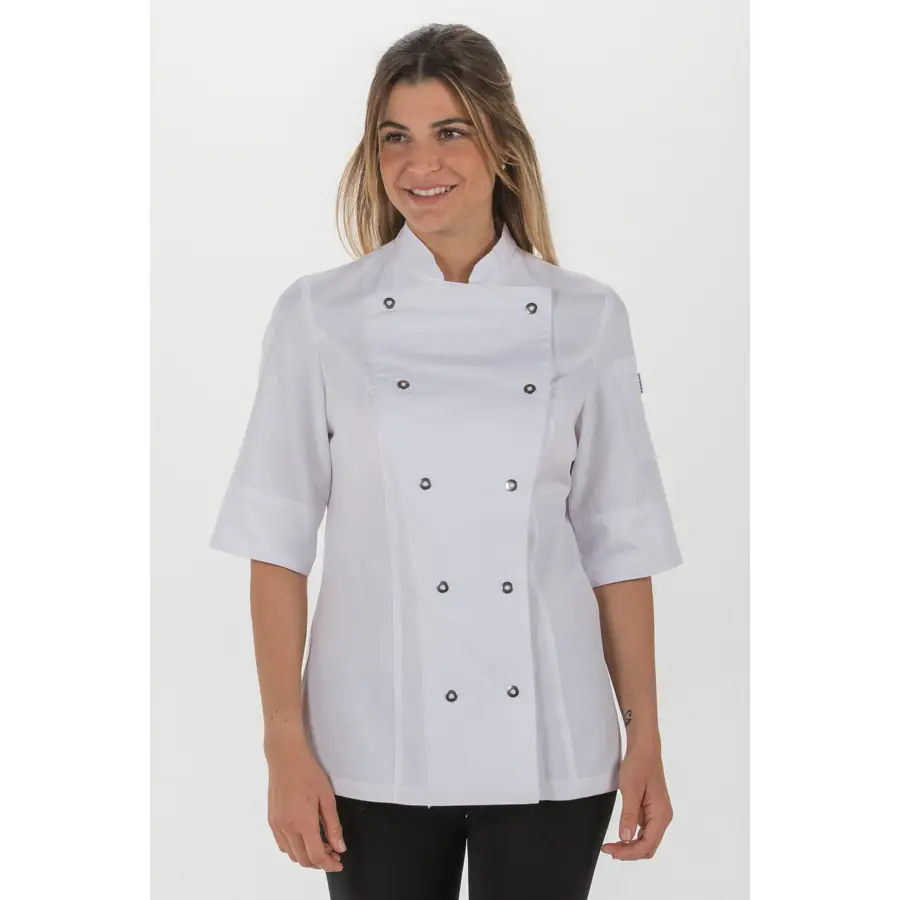 Chaqueta cocinera Dyneke 8519700 blanca 1 Chaqueta cocinera blanca manga 3/4 Dyneke 8519700: vista frontal con modelo.