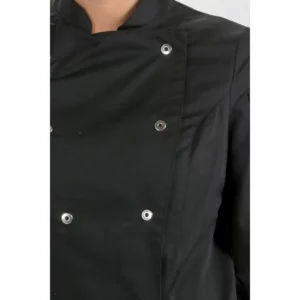 Chaqueta cocinera negra manga 3/4 Dyneke 8519701: detalle de los botones y bolsillo.