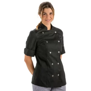 Chaqueta cocinera negra manga 3/4 Dyneke 8519701: vista frontal con modelo.