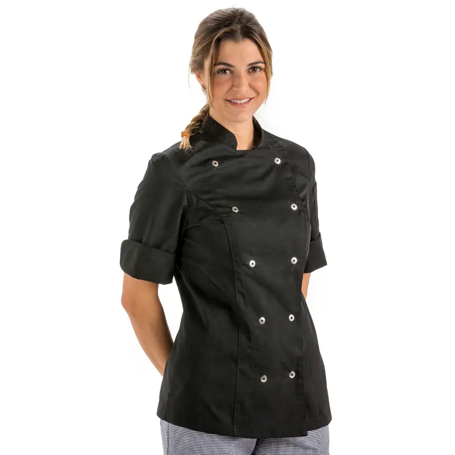 Chaqueta cocinera Dyneke 8519701 negra 2 Chaqueta cocinera negra manga 3/4 Dyneke 8519701: vista frontal con modelo.