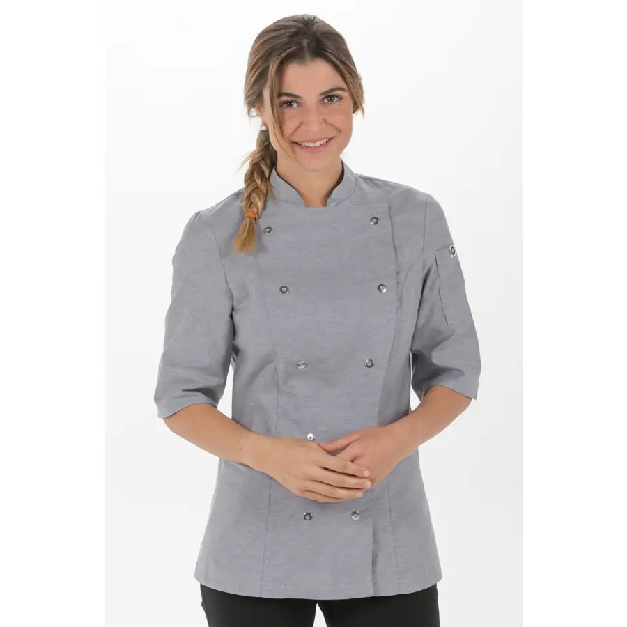 Chaqueta cocinera Dyneke 8519844 gris 2 Chaqueta cocinera gris manga 3/4 Dyneke 8519844: vista frontal con modelo.