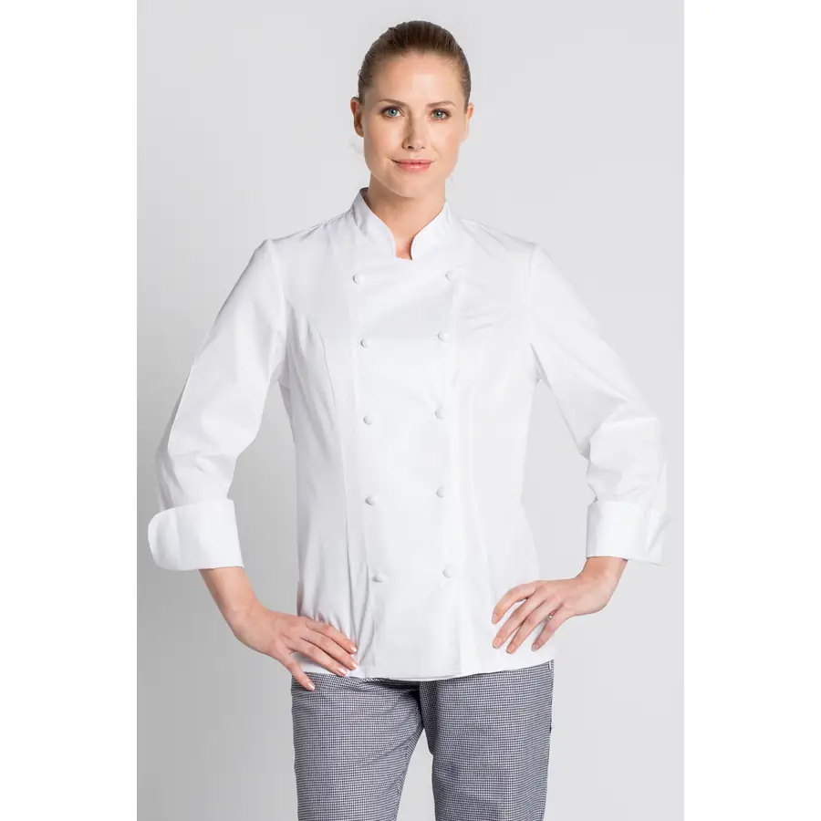 Chaqueta cocinera Dyneke 8521700 clásica blanca 2 Chaqueta sra. clásica blanca Dyneke 8521700: vista frontal con modelo.