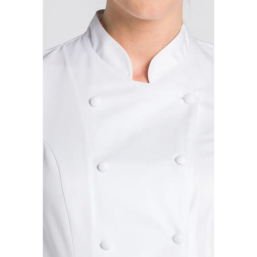 Chaqueta cocinera Dyneke 8521700 clásica blanca 3 Chaqueta sra. clásica blanca Dyneke 8521700: detalle del cuello y botones.