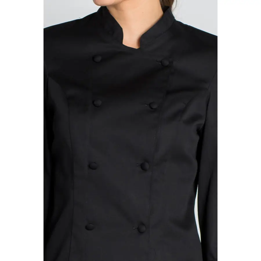 Chaqueta cocinera Dyneke 8521701 clásica negra 2 Chaqueta sra. clásica negra Dyneke 8521701: detalle del cuello y botones.