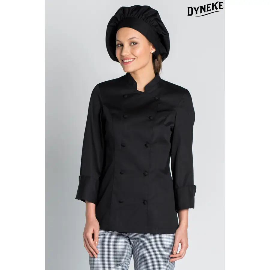 Chaqueta cocinera Dyneke 8521701 clásica negra 1 Chaqueta sra. clásica negra Dyneke 8521701: vista frontal con modelo.