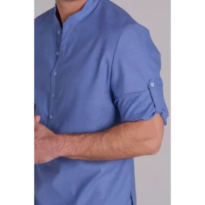 Camisa hombre "arenasmar" azul Dyneke 8534818: detalle del cuello y manga.