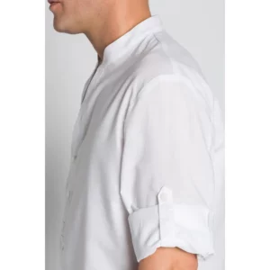 Camisa caballero "arenasmar" blanca Dyneke 8534823: detalle del cuello y manga.