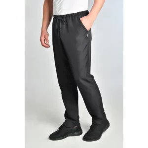 Pantalón microfibra negra con cordón Dyneke 8540571: vista de tres cuartos del pantalón con modelo.