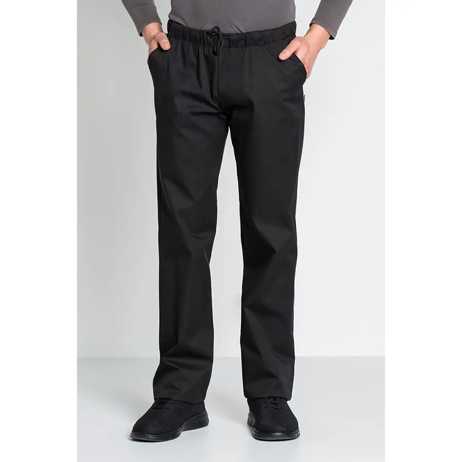 Pantalón cocinero Dyneke 8540701 negro 1 Pantalón cocinero negro 8540 Dyneke 8540701: vista frontal del pantalón con modelo.