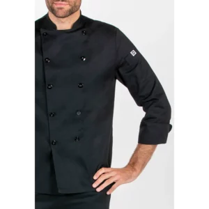 Chaqueta negra de cocina hombre Dyneke 8547701: detalle de los botones y manga.