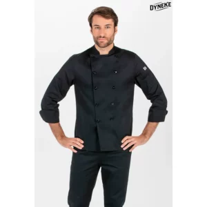 Chaqueta negra de cocina hombre Dyneke 8547701: vista frontal con modelo.