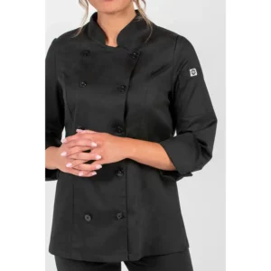 Chaqueta negra de cocina mujer Dyneke 8548701: detalle de los botones y manga.