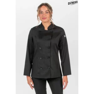 Chaqueta negra de cocina mujer Dyneke 8548701: vista frontal con modelo.