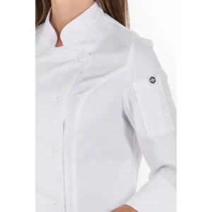 Chaqueta de cocina mujer Dyneke 8548900: detalle del cuello y manga.