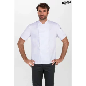 Chaqueta cocinero blanca m/c Dyneke 8550900: vista frontal con modelo.