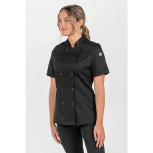 Chaqueta negra cocinera m/c Dyneke 8551701: vista de tres cuartos con modelo.