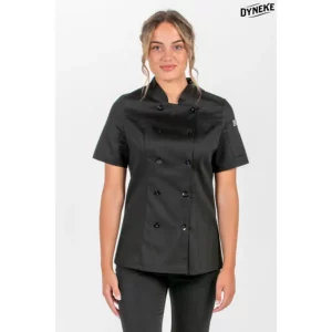 Chaqueta negra cocinera m/c Dyneke 8551701: vista frontal con modelo.
