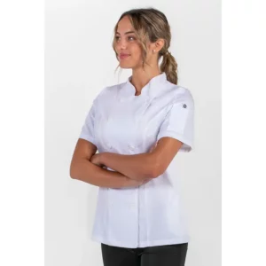 Chaqueta blanca cocinera m/c Dyneke 8551900: vista frontal con modelo.