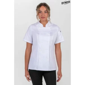 Chaqueta blanca cocinera m/c Dyneke 8551900: vista frontal con modelo.