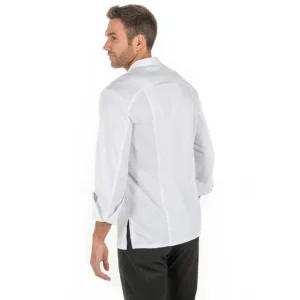 Chaqueta cocinero hebillas blanca Dyneke 8556700: vista trasera con modelo.