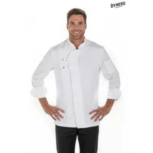 Chaqueta cocinero hebillas blanca Dyneke 8556700: vista frontal con modelo.