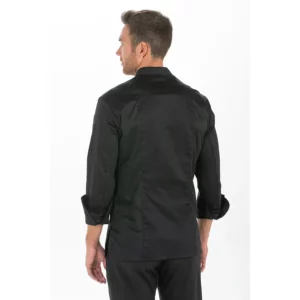 Chaqueta cocinero hebillas negra Dyneke 8556701: vista trasera con modelo.