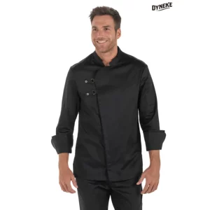 Chaqueta cocinero hebillas negra Dyneke 8556701: vista frontal con modelo.