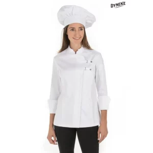 Chaqueta cocinera hebillas blanca Dyneke 8557700: vista frontal con modelo.