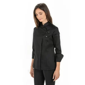 Chaqueta cocinera hebillas negra Dyneke 8557701: vista frontal con modelo.