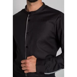 Camisa caballero cuello mao Dyneke 8571841: detalle del cuello y cierre.
