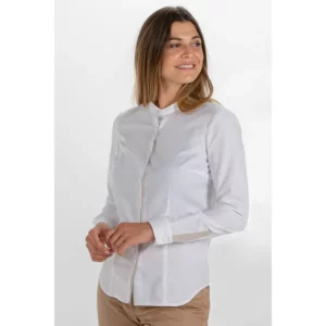 Camisa senora blanca cuello mao Dyneke 8572823: vista frontal con modelo.