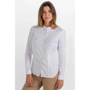 Camisa senora blanca cuello mao Dyneke 8572823: vista frontal con modelo.