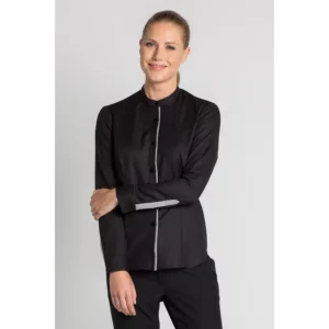 Camisa mujer cuello mao Dyneke 8572841: vista frontal con modelo.