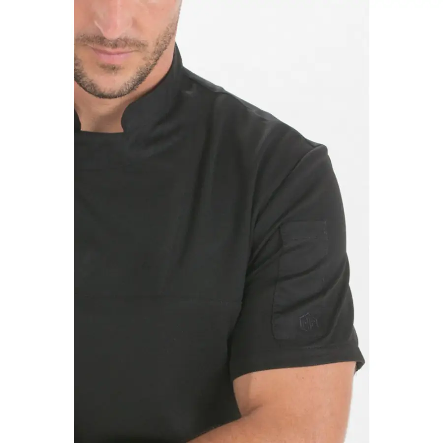 Camiseta Dyneke 8577111 Fusion negra de hombre 3 Camiseta negra caballero hostelería 'fusion' Dyneke 8577111: detalle del cuello y manga.