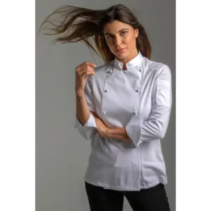 Chaqueta srta.hostelería pecherín Dyneke 8591112: vista frontal con modelo.