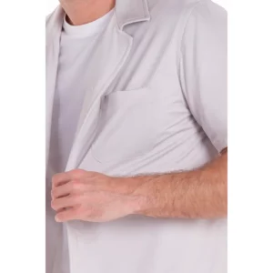 Camisa casual punto elástico beige Dyneke 8625409: detalle del cuello y cierre.