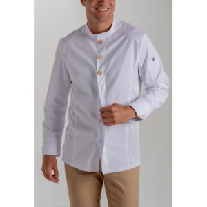 Chaqueta blanca hosteleria botón madera Dyneke 8801700: detalle del cuello y manga.