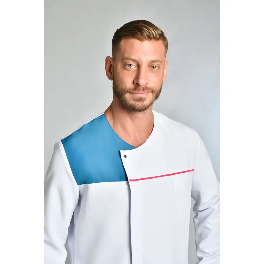 Chaqueta Dyneke 8818485 hombre blanca azul y fucsia 3 Chaqueta microfibra cbro. m/l contraste azul y fucsia Dyneke 8818485: detalle del cuello y cierre.