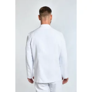 Chaqueta de hombre blanca con cremallera dorada Dyneke 8819570: vista trasera con modelo.