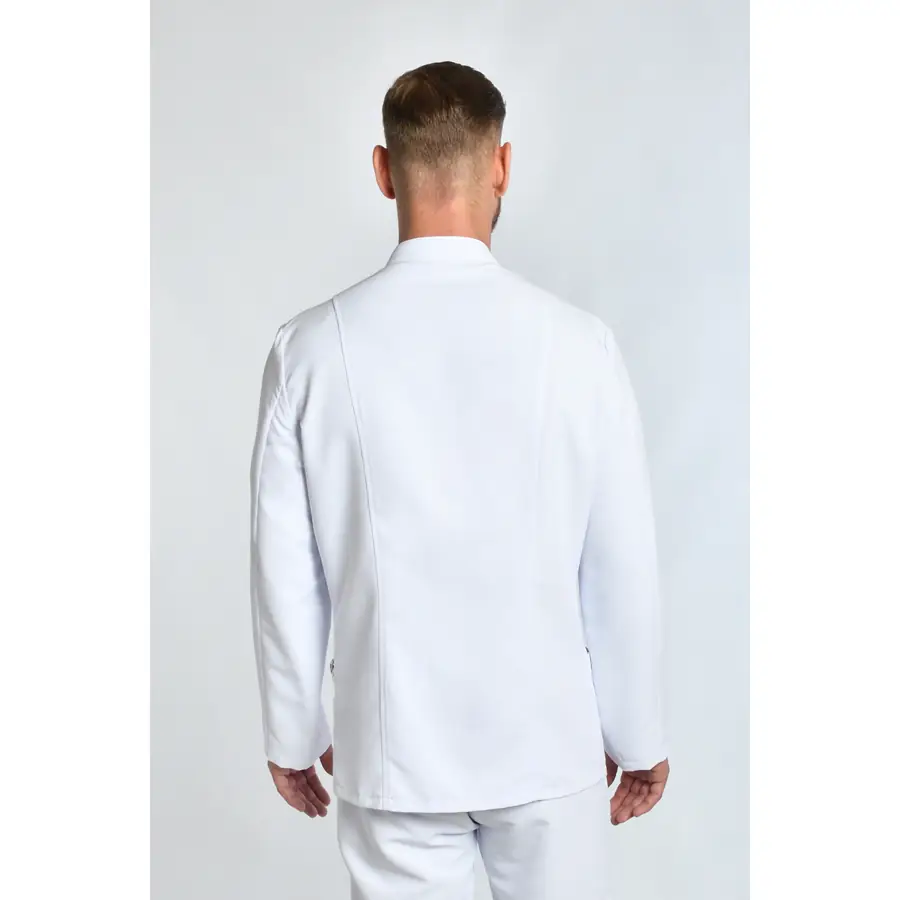 Chaqueta Dyneke 8819570 hombre blanca detalle dorado 3 Chaqueta de hombre blanca con cremallera dorada Dyneke 8819570: vista trasera con modelo.