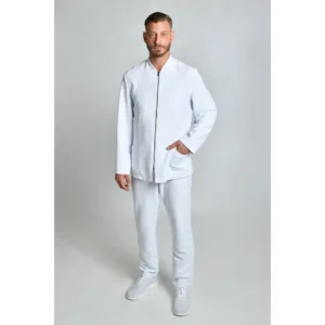Chaqueta de hombre blanca con cremallera dorada Dyneke 8819570: vista de conjunto con modelo.