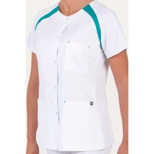 Chaqueta mujer m/c ranglan pespunte verde Dyneke 8820884: detalle del cuello y bolsillos.