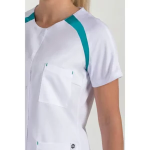 Chaqueta mujer m/c ranglan pespunte verde Dyneke 8820884: detalle del cuello y manga.
