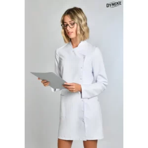 Bata mujer laboratorio contraste gris Dyneke 8885570: vista frontal con modelo.