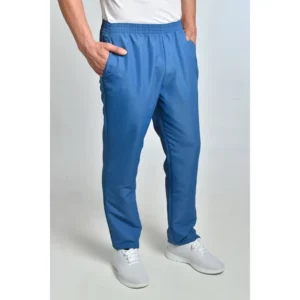 Pantalón microfibra azul con bolsillos Dyneke 9929482: vista de tres cuartos del pantalón con modelo.