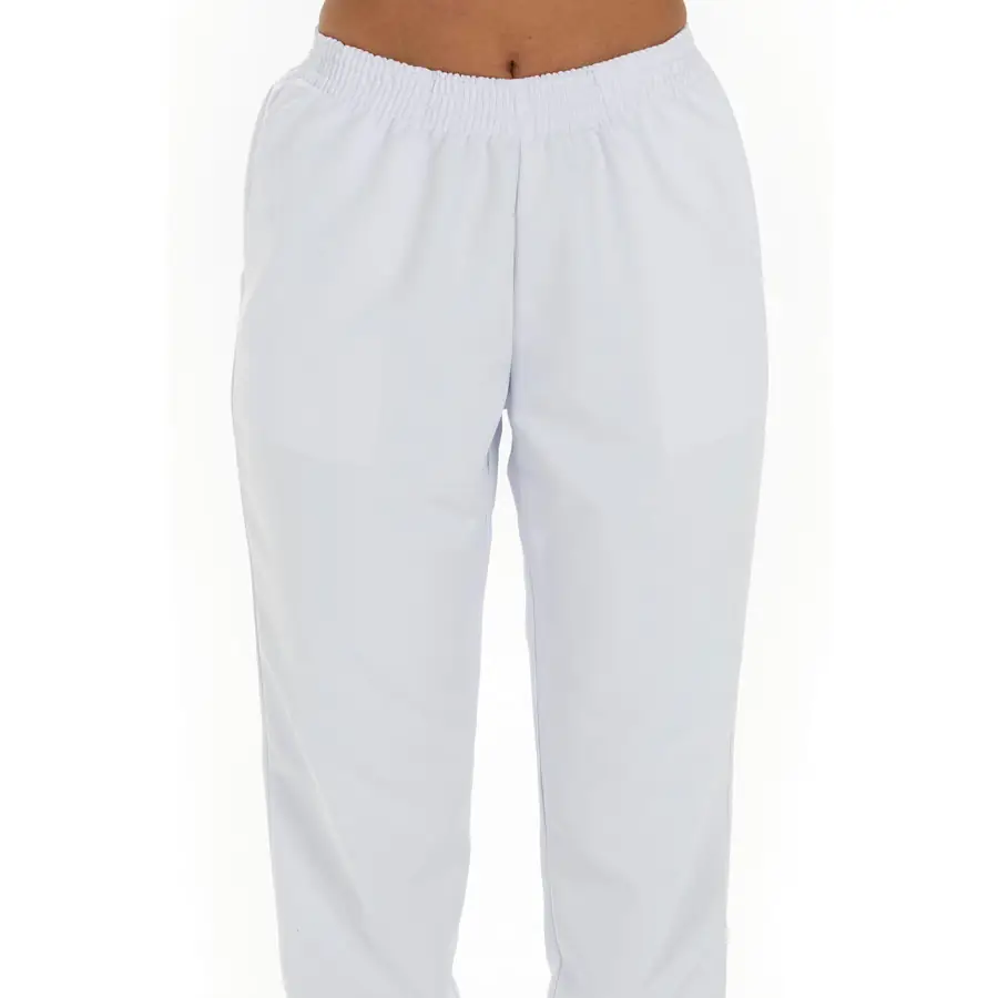Pantalón Dyneke 9929570 blanco microfibra bolsillos 4 Pantalón unisex microfibra blanco c/bolsillos Dyneke 9929570: detalle frontal del pantalón.