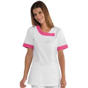 Casaca Isacco Delhi 005486, color Blanco/Fucsia, manga corta, vista con modelo
